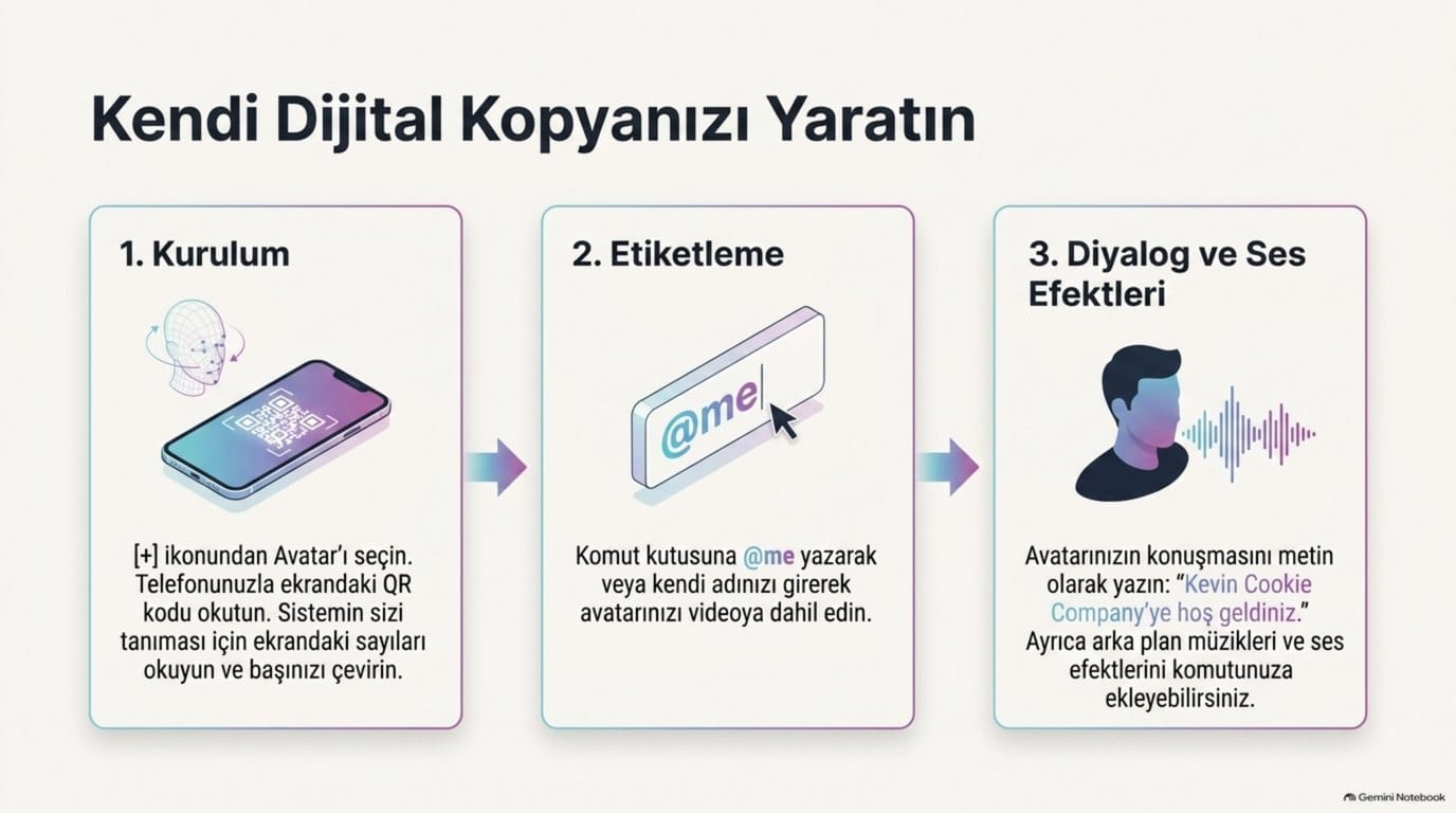 Dijital avatar oluşturma adımları: QR kod ile kurulum, @me etiketleme ve diyalog ekleme