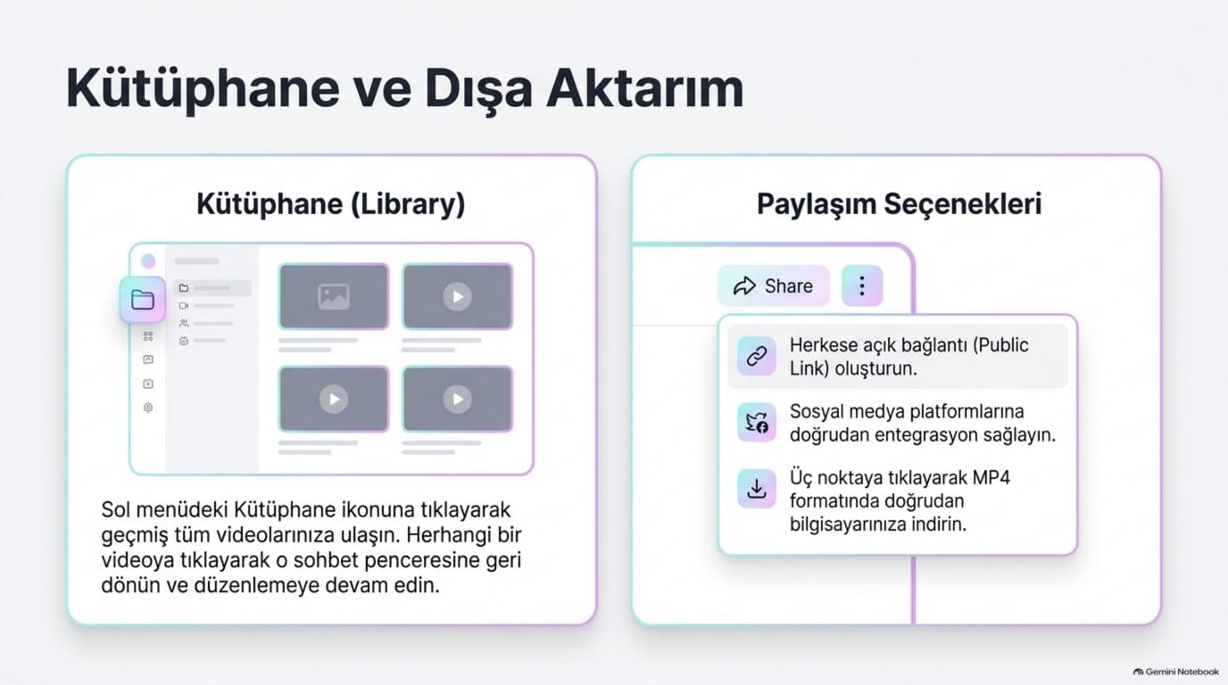 Omni kütüphanesi ve paylaşım seçenekleri: bağlantı, sosyal medya ve MP4 indirme