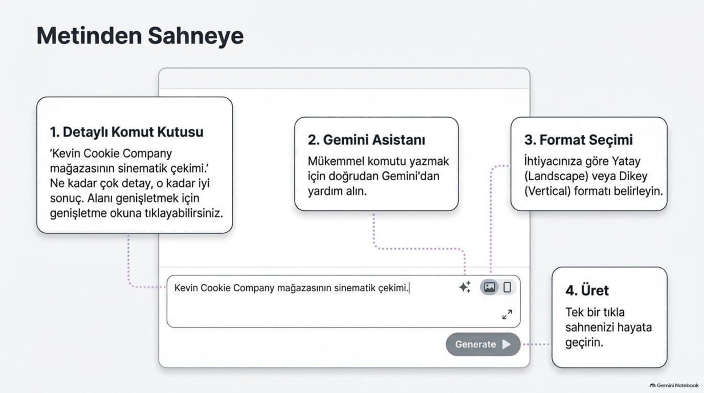 Gemini Omni komut kutusu, format seçimi ve üret düğmesinin anlatıldığı arayüz şeması