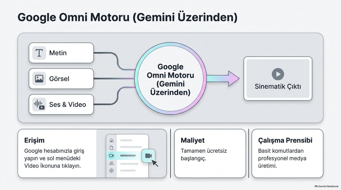 Google Omni motoru: metin, görsel ve ses girdilerinden sinematik video üretimi şeması