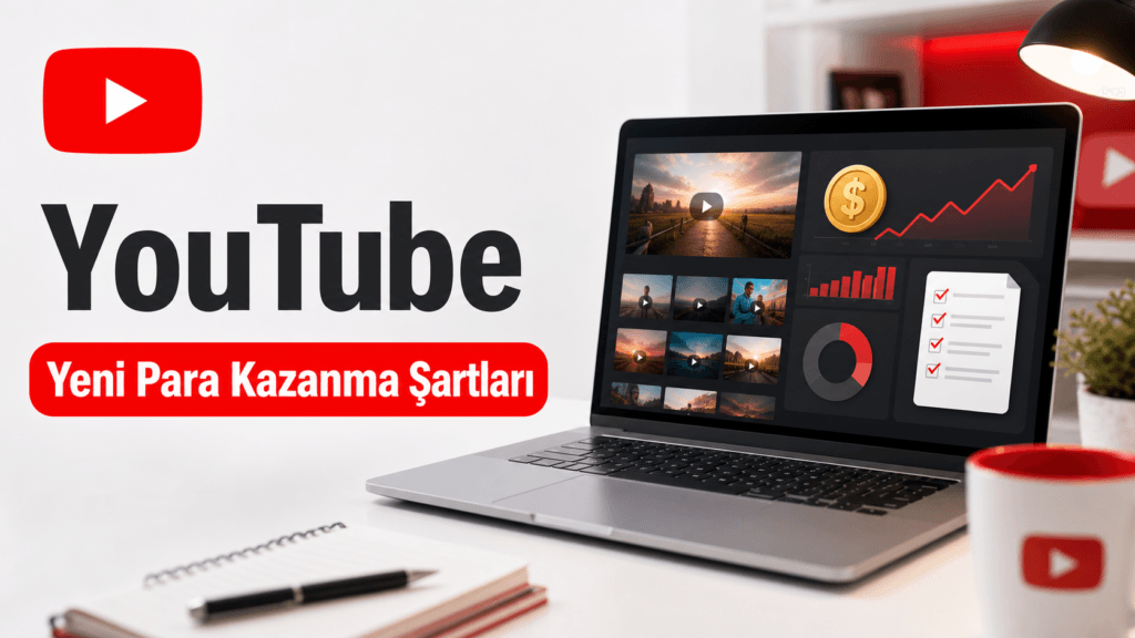 YouTube yeni para kazanma şartları, laptop ekranında gelir grafiği ve kontrol listesi gösteriyor