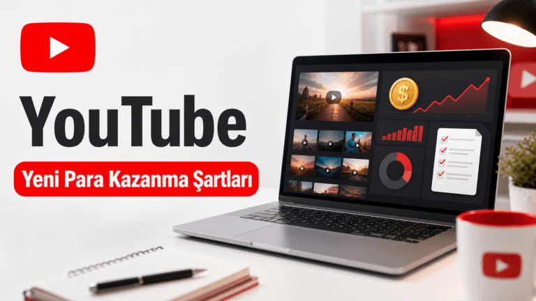 YouTube yeni para kazanma şartları, laptop ekranında gelir grafiği ve kontrol listesi gösteriyor