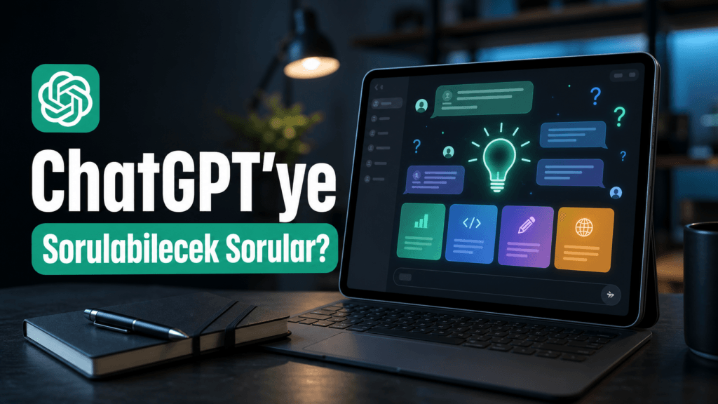 ChatGPT'ye sorulacak sorular, tablet ekranında sohbet balonları ve soru işaretleri gösteriyor