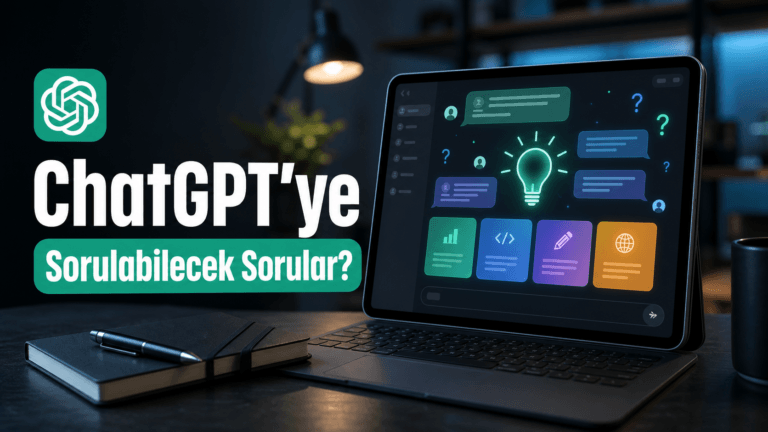 ChatGPT'ye sorulacak sorular, tablet ekranında sohbet balonları ve soru işaretleri gösteriyor