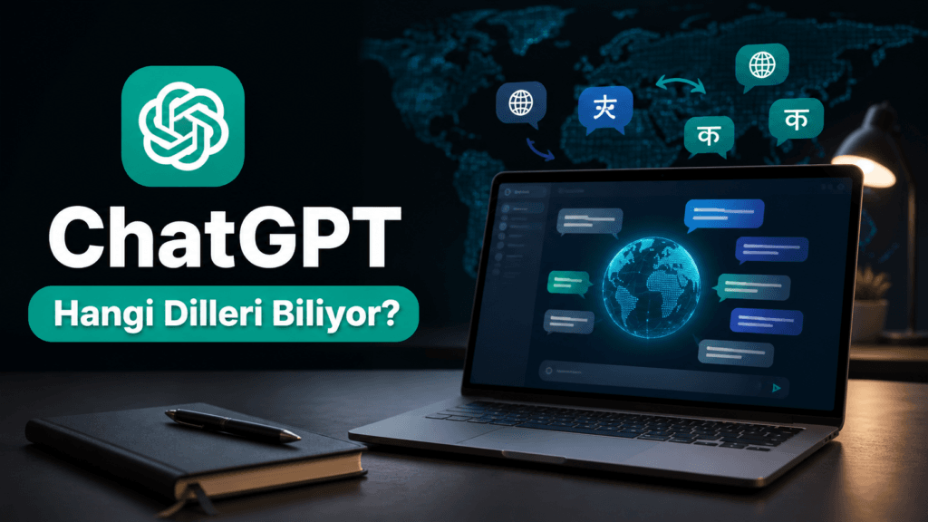 ChatGPT hangi dilleri biliyor, laptop ekranında dünya haritası ve farklı dillerde sohbet balonları gösteriyor