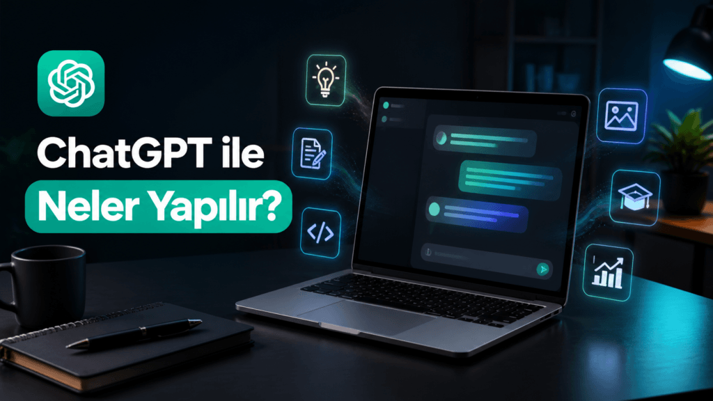 ChatGPT ile neler yapılır, laptop ekranında sohbet balonları ve eğitim, kod, görsel, analiz ikonları gösteriyor