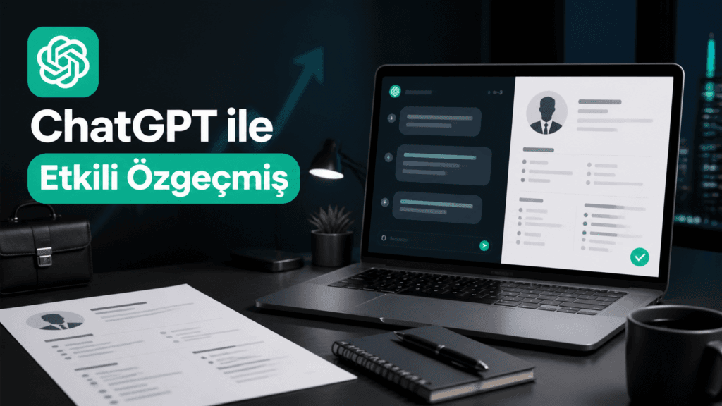 ChatGPT ile etkili özgeçmiş hazırlama, laptop ekranında sohbet ve hazırlanan CV örneği yan yana gösteriyor
