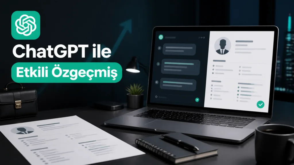 ChatGPT ile etkili özgeçmiş hazırlama, laptop ekranında sohbet ve hazırlanan CV örneği yan yana gösteriyor
