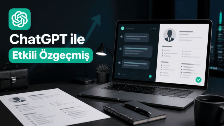 ChatGPT ile etkili özgeçmiş hazırlama, laptop ekranında sohbet ve hazırlanan CV örneği yan yana gösteriyor