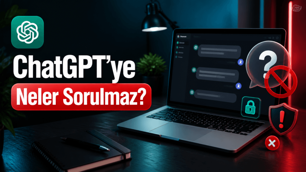 ChatGPT'ye neler sorulmaz, laptop ekranında yasak simgesi ve kilit ikonu gösteriyor