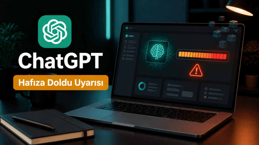 ChatGPT bellek doldu uyarısı, laptop ekranında beyin ikonu ve kırmızı sarı doluluk çubuğu gösteriyor