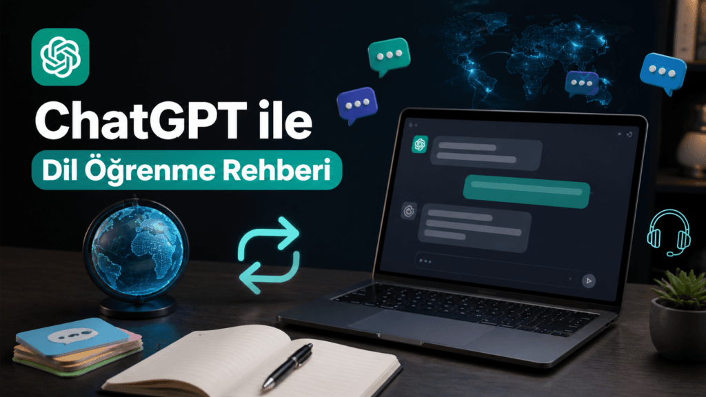 ChatGPT ile dil öğrenme rehberi, laptop ekranında sohbet balonları, dünya haritası ve kelime kartları gösteriyor