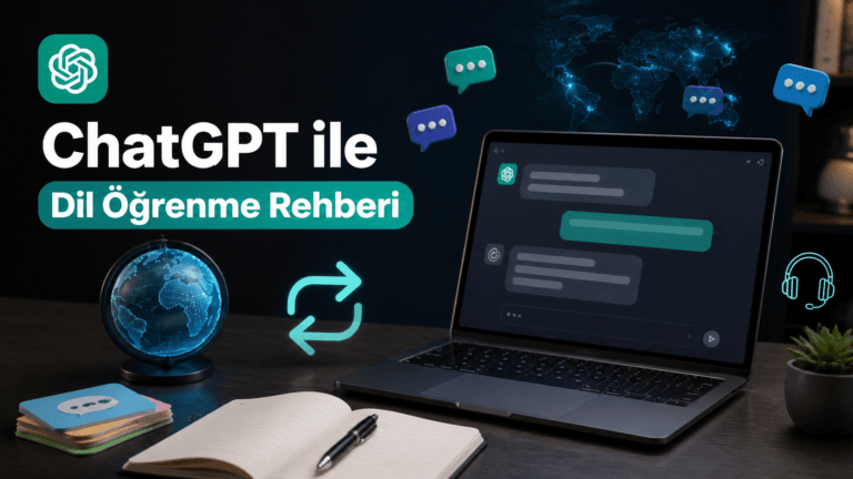 ChatGPT ile dil öğrenme rehberi, laptop ekranında sohbet balonları, dünya haritası ve kelime kartları gösteriyor