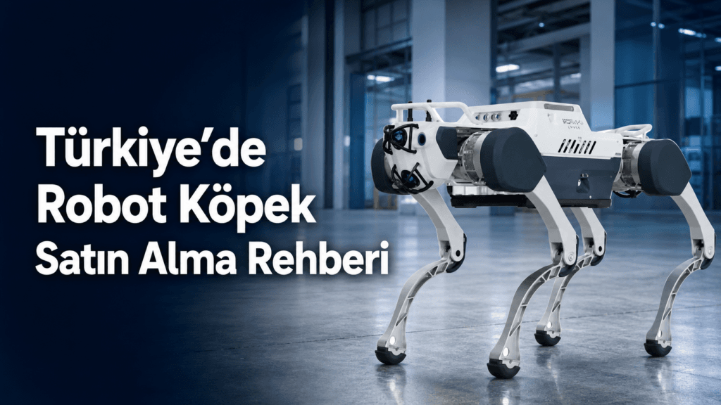 Boş bir fabrika salonunda duran, dört ayaklı beyaz gövdeli endüstriyel quadruped robot köpek