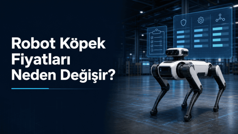 Fabrika ortamında duran endüstriyel robot köpek ve yanında fiyatı etkileyen kamera, sensör ve destek kalemlerini gösteren bilgi paneli