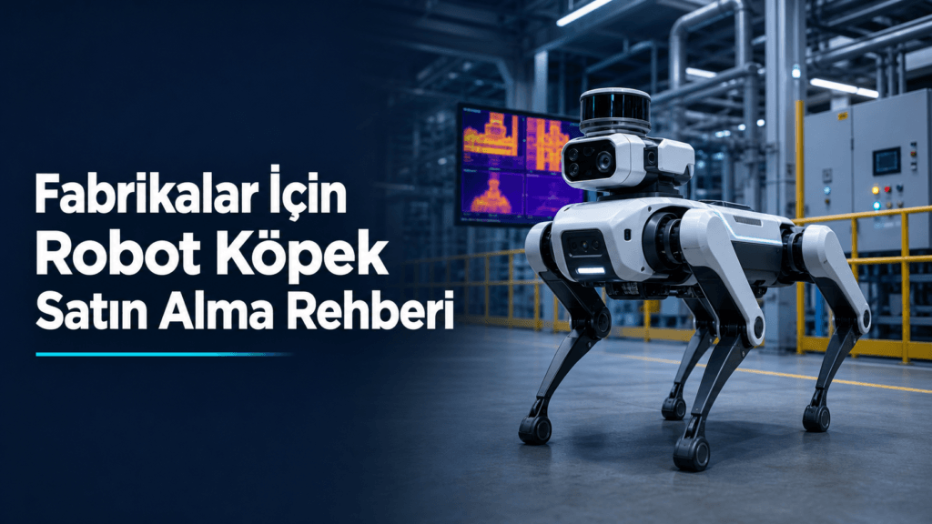 Fabrika içinde termal kamera ile ekipman sıcaklığını izleyen, ekranda termal görüntü akışı bulunan endüstriyel robot köpek