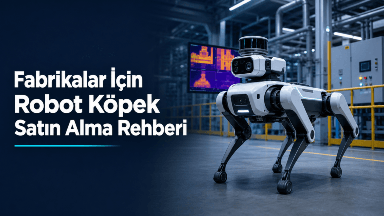 Fabrika içinde termal kamera ile ekipman sıcaklığını izleyen, ekranda termal görüntü akışı bulunan endüstriyel robot köpek