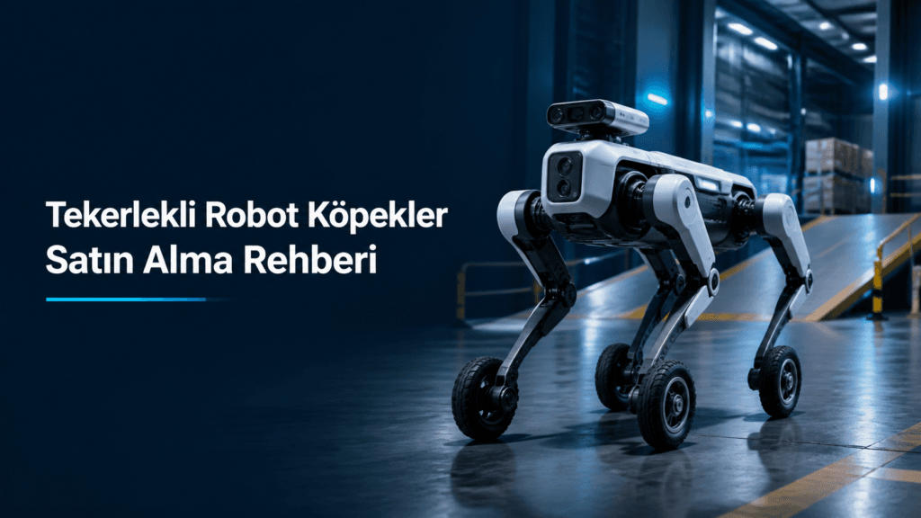 Depo rampasında tekerlek modunda ilerleyen, ayak uçlarında motorlu tekerlekler bulunan hibrit tekerlekli-bacaklı robot köpek