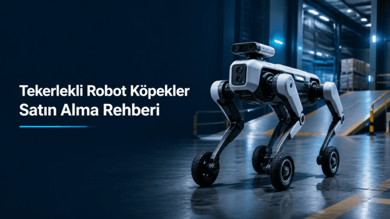 Depo rampasında tekerlek modunda ilerleyen, ayak uçlarında motorlu tekerlekler bulunan hibrit tekerlekli-bacaklı robot köpek