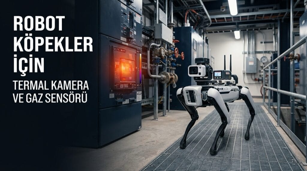 Fabrika içinde termal kamera ile elektrik panosundaki sıcak noktayı tarayan, ekranda termal görüntü gösteren robot köpek