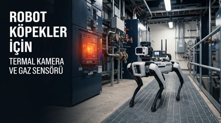 Fabrika içinde termal kamera ile elektrik panosundaki sıcak noktayı tarayan, ekranda termal görüntü gösteren robot köpek