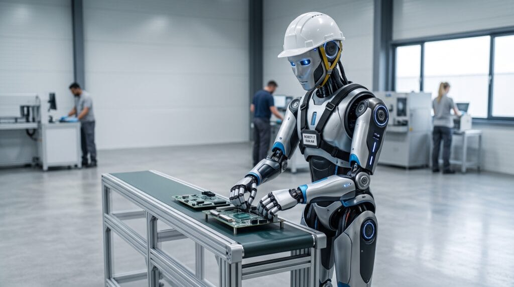 Fabrikada beyaz baret takan insansı robot devre kartı üzerinde çalışıyor, arka planda insan çalışanlar