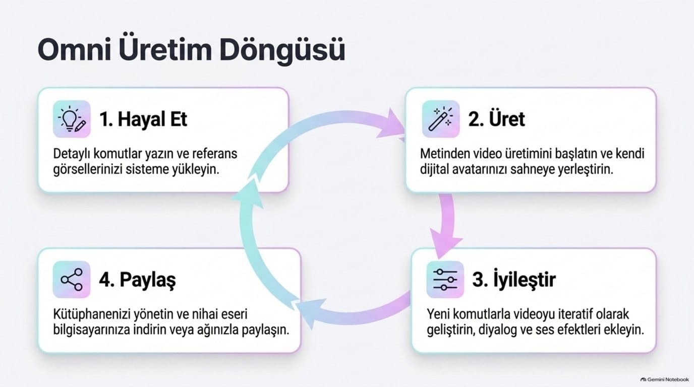 Omni üretim döngüsü: hayal et, üret, iyileştir ve paylaş adımları