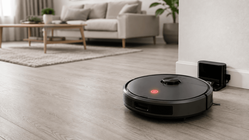 Robot süpürge salon parkede temizlik yaparken şarj istasyonu yanında