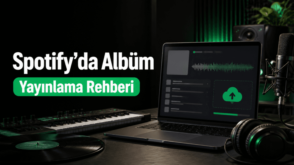Spotifya albüm yayınlama rehberi kapak görseli, dizüstü bilgisayar ekranında müzik yükleme arayüzü ve stüdyo ekipmanları