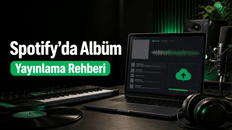 Spotifya albüm yayınlama rehberi kapak görseli, dizüstü bilgisayar ekranında müzik yükleme arayüzü ve stüdyo ekipmanları