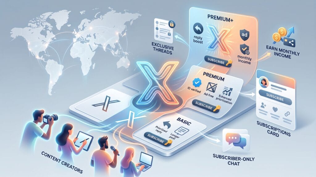 X abonelik katmanlarını gösteren infografik: Basic, Premium ve Premium+ özellikleri ile içerik üreticileri illüstrasyonu