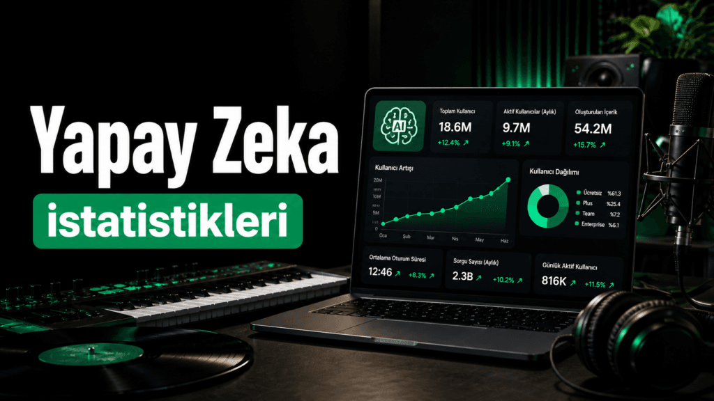 Yapay zeka istatistikleri kapak görseli, dizüstü bilgisayar ekranında kullanıcı büyümesi ve dağılım grafikleri
