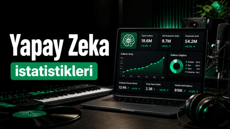 Yapay zeka istatistikleri kapak görseli, dizüstü bilgisayar ekranında kullanıcı büyümesi ve dağılım grafikleri