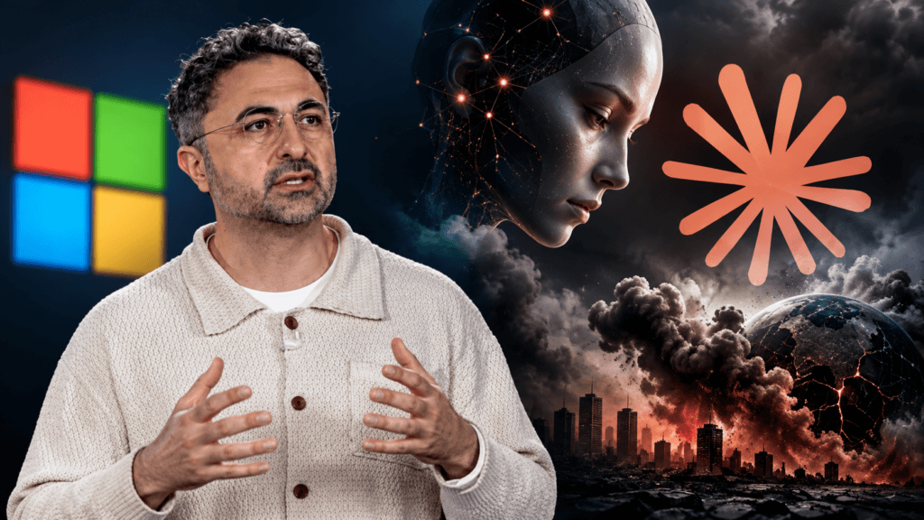 Mustafa Suleyman Anthropic Claude bilinc elestirisi haberi kapak gorseli, Microsoft logosu ve yapay zeka yuzu