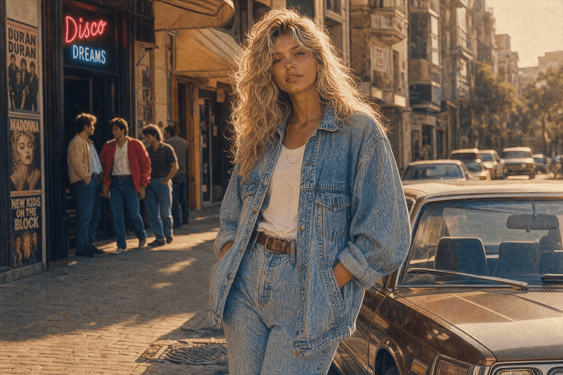 Yapay zeka ile oluşturulmuş 80 ler akımı sokak stili fotoğrafı: Disco Dreams neon tabelası, Duran Duran ve Madonna posterleri önünde çift kot kombinli model