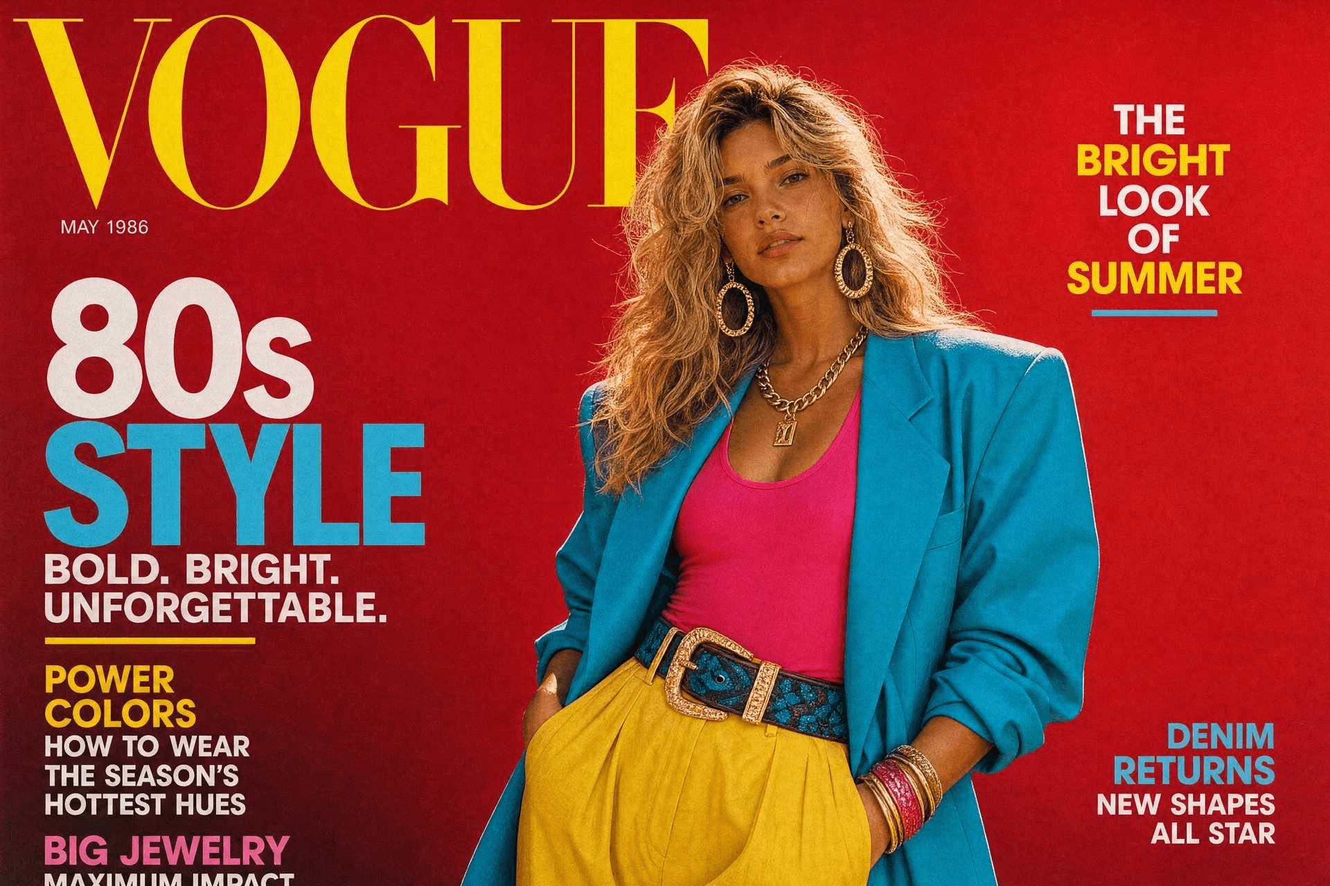 Yapay zeka ile oluşturulmuş 80'ler Vogue dergi kapağı stili fotoğraf: kırmızı fon önünde canlı renkli takım ve abartılı takı