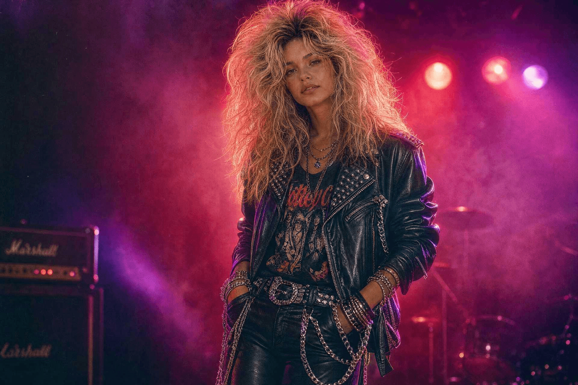 Yapay zeka ile oluşturulmuş 80'ler hair metal rock yıldızı portresi: deri ceket, zincir aksesuar ve sahne ışıklarıyla