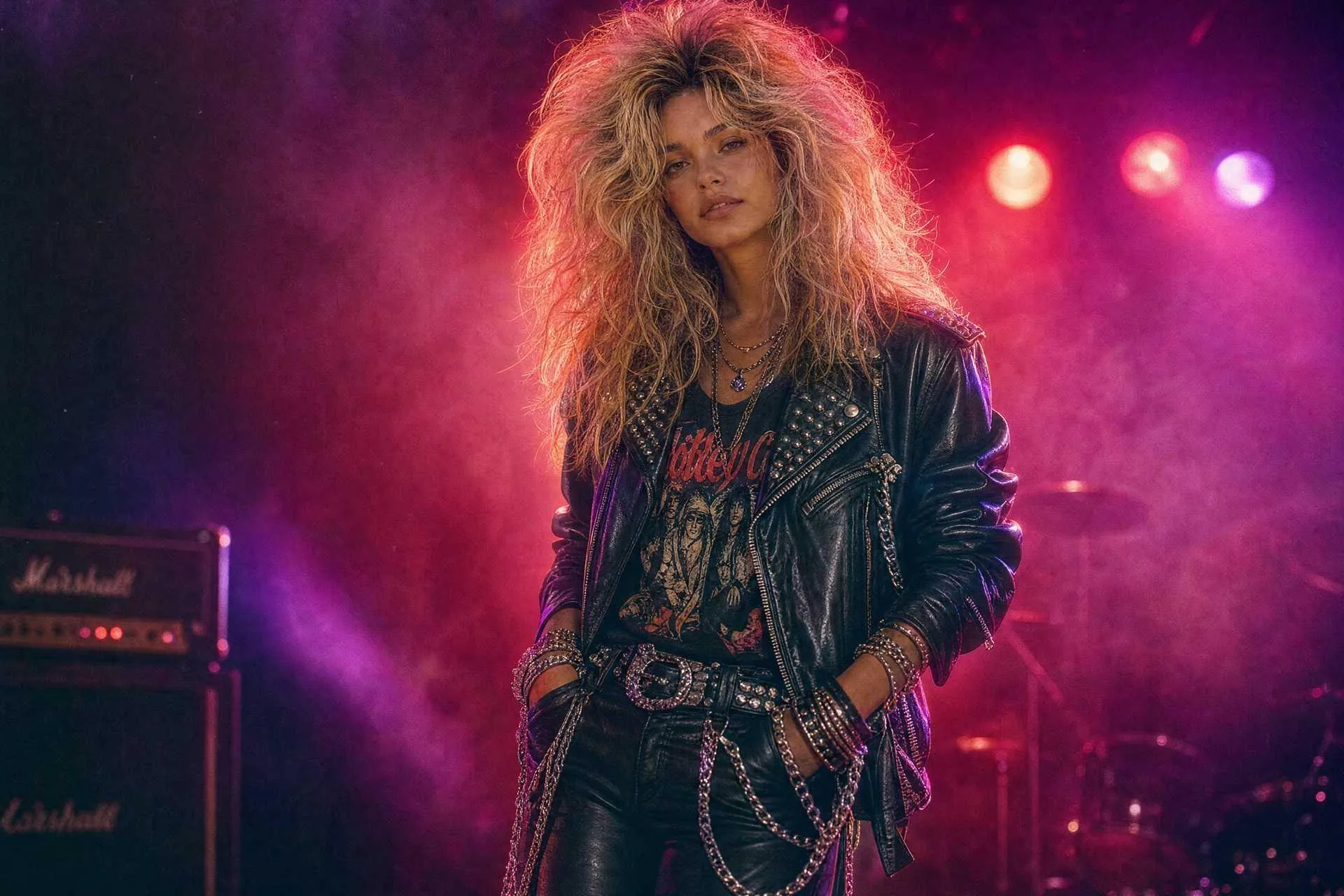 Yapay zeka ile oluşturulmuş 80'ler hair metal rock yıldızı portresi: deri ceket, zincir aksesuar ve sahne ışıklarıyla
