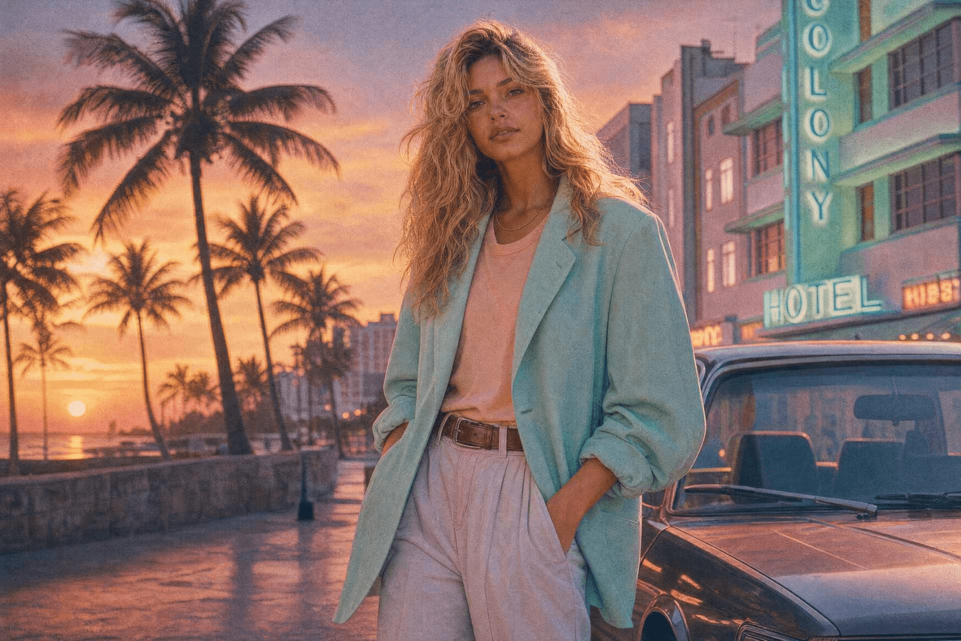 Yapay zeka ile oluşturulmuş 80'ler Miami Vice stili fotoğraf: gün batımında palmiye ve Art Deco otel önünde pastel blazer