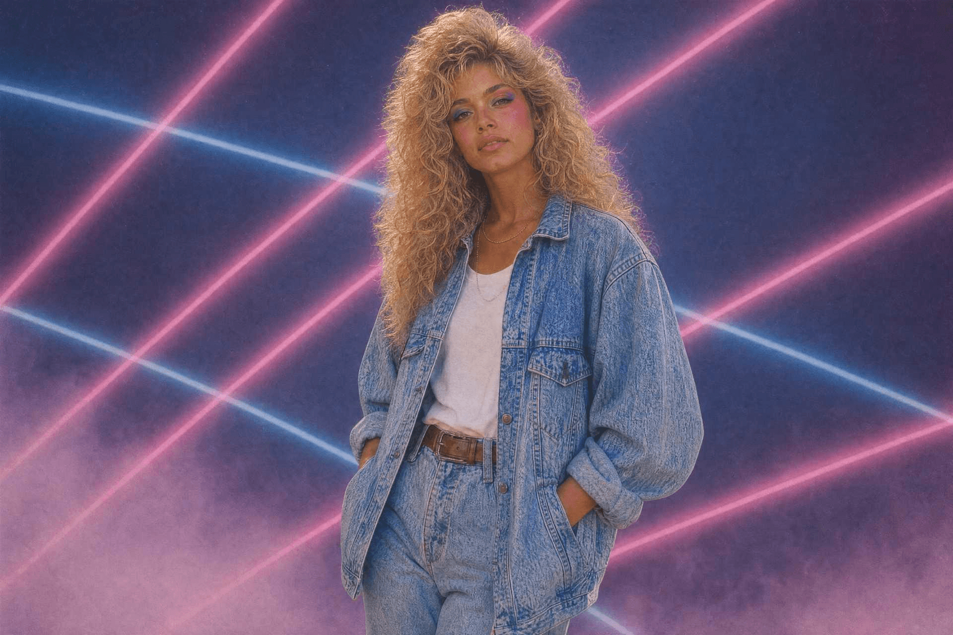 Yapay zeka ile oluşturulmuş 80'ler synthwave neon grid portresi: pembe-mor lazer ışın arka planında kot kombinli model
