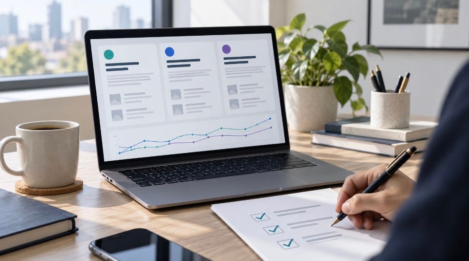 Editorial image of three AI answer columns and a trend line on a laptop, illustrating brand mentions across AI search