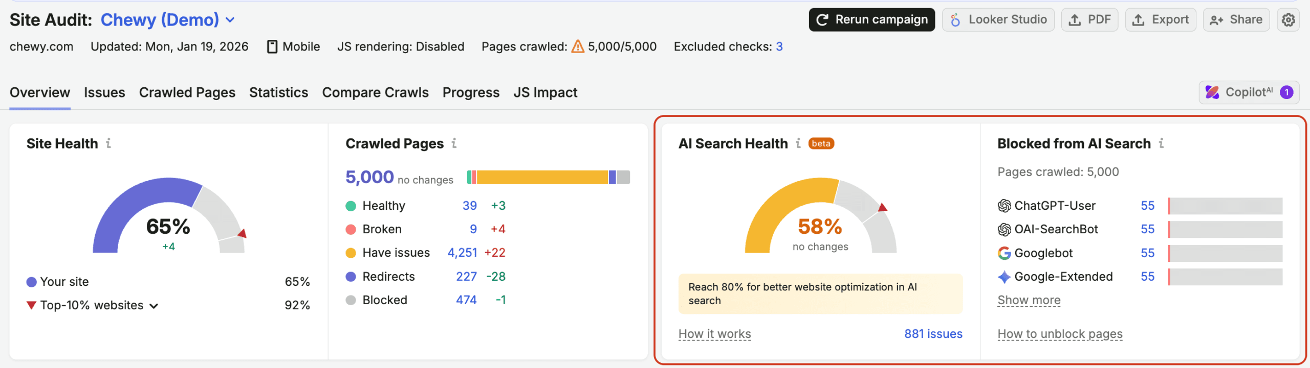 Semrush Site Audit dashboard with AI Search Health information