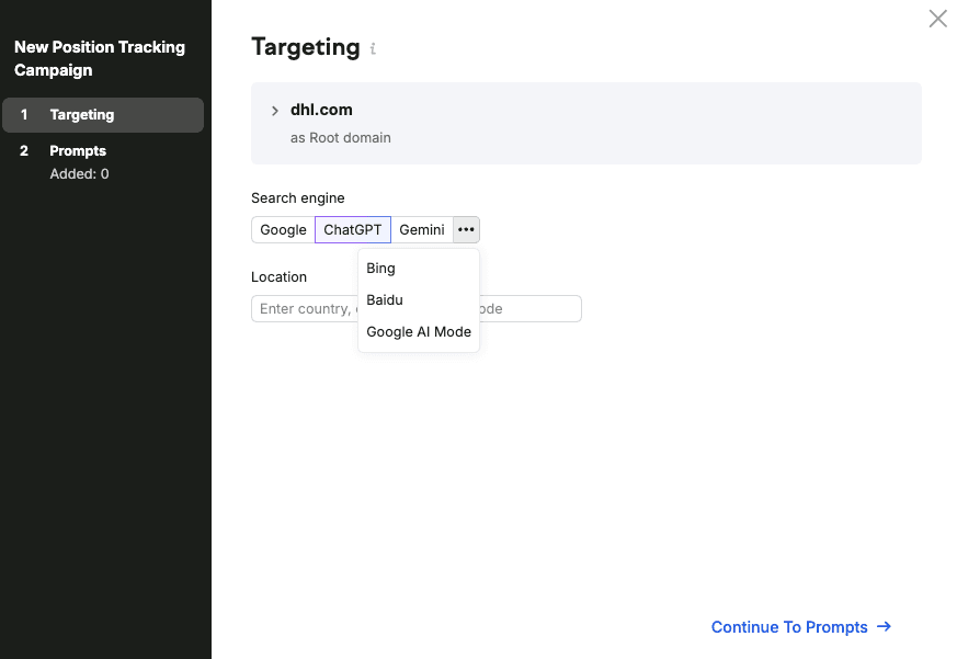 Semrush Prompt Tracking campaign setup for AI search platforms
