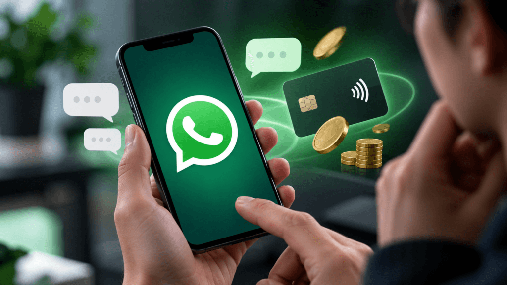 WhatsApta mesaj atmak ucretli mi oluyor haberi kapak gorseli, telefonda WhatsApp uygulamasi ve yaninda kredi karti ile bozuk paralar