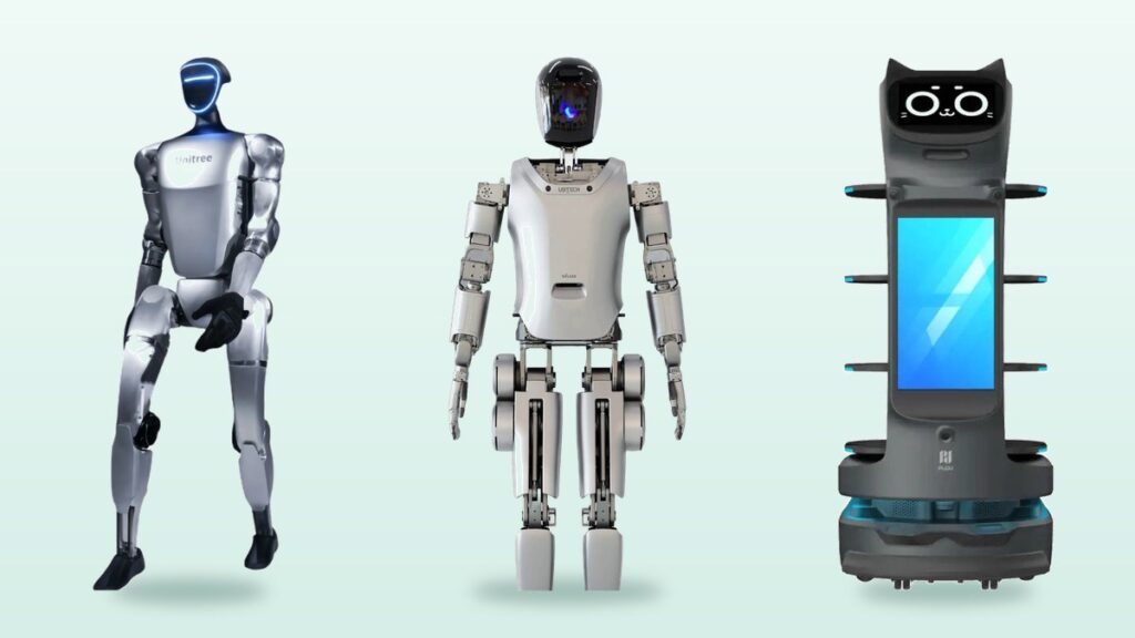 Fuar için Unitree G1, UBTECH Walker S ve PUDU BellaBot Pro robotları