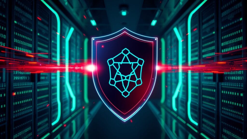 OpenAI GPT-6 Cyber siber güvenlik modelini temsil eden, sunucu odasında saldırıları engelleyen yapay zeka kalkanı
