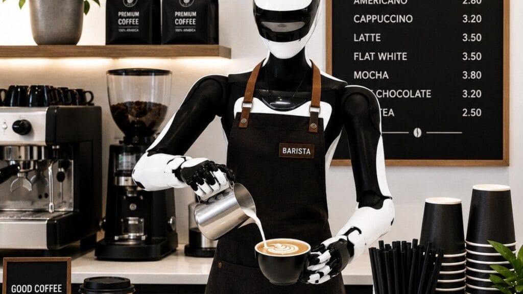 Humanoid robot barista making coffee in a café