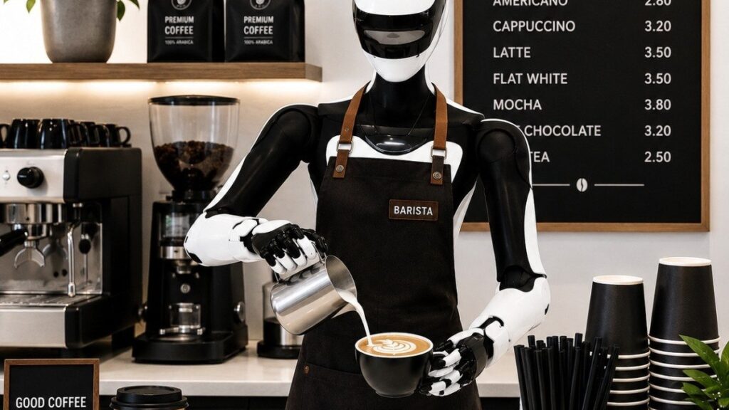 Kafede kahve hazırlayan insansı robot barista