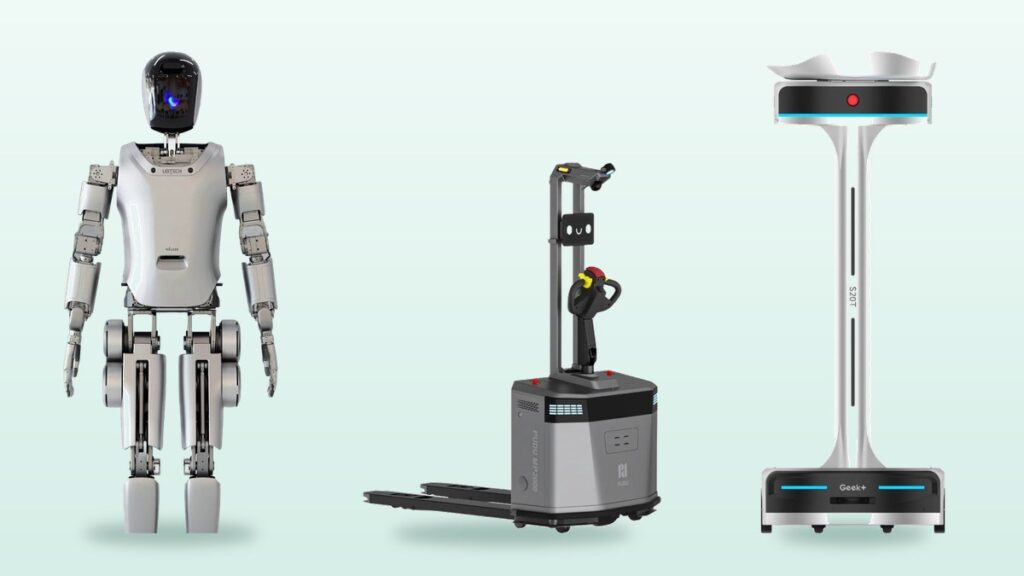 İnsansı robot UBTECH Walker S ile AMR robotlar PUDU MP2000 ve Geek+ S20T