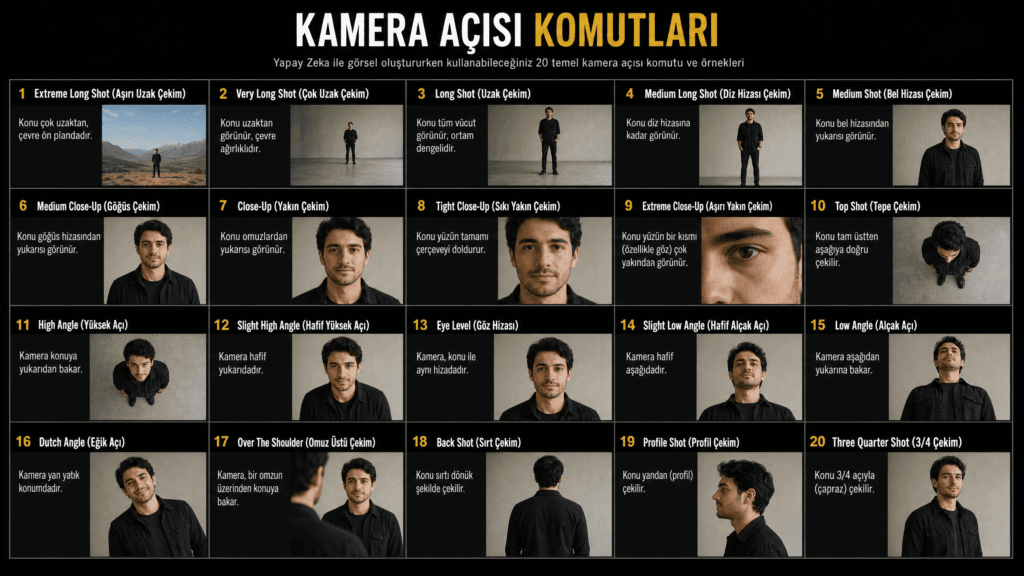 Yapay zeka ile görsel oluştururken kullanılabilecek 20 temel kamera açısı ve çekim ölçeği komutunu gösteren örnek görsel rehberi